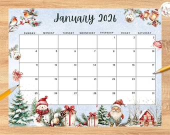 Calendario compilabile MODIFICABILE di gennaio 2026, Planner invernale con pupazzo di neve, Programma mensile stampabile per la scuola dei bambini, i compiti a casa, il calendario per bambini in ufficio