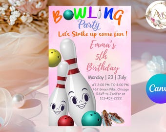 Invito di compleanno a tema bowling, invito a tema bowling luminoso per ragazze, invito a tema bowling, invito luminoso, divertiti un po', invito Canva 5x7 12