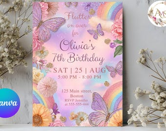 Modello modificabile per invito al settimo compleanno su Canva, modello Canva stampabile digitale con farfalla viola glitterata e arcobaleno colorato 5x7