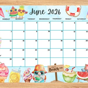 編集可能な2026年6月カレンダー、トロピカル＆ビーチをテーマにしたかわいい6月プランナー、子供、学校、家庭、オフィス、仕事用の印刷可能な月間カレンダー