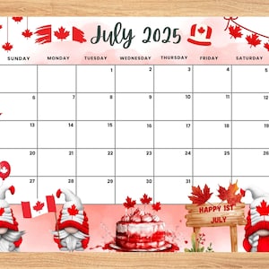 Editable July 2025 Calendar, Canada Independence Day with Adorable Gnomes Summer Planner, Monthly Calendar for Kids School Home Office Work