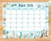 Editable June 2026 Calendar, Nautical Beach Theme Ocean Summer planner, Printable Monthly Calendar for Kids School Home Office Work