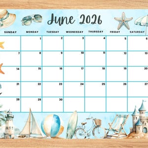 Calendario editable de junio de 2026, con temática náutica de playa y océano para planificar el verano. Calendario mensual imprimible para niños, ideal para la escuela, el hogar y la oficina.