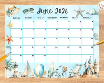 Editable June 2026 Calendar, Nautical Beach Theme Ocean Summer planner, Printable Monthly Calendar for Kids School Home Office Work