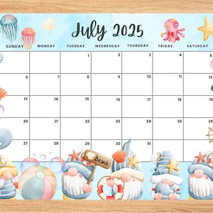 Editable July 2025 Calendar, Nautical Beach Gnome Theme Ocean Summer planner, Printable Monthly Calendar for Kids School Home Office Work