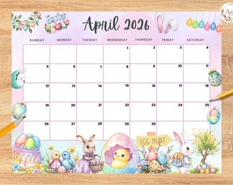 Calendrier d'avril 2026 modifiable, joyeuses Pâques avec un joli lapin, agenda imprimable pour le travail à domicile, programme pour enfants, agenda d'avril 2026 à remplir