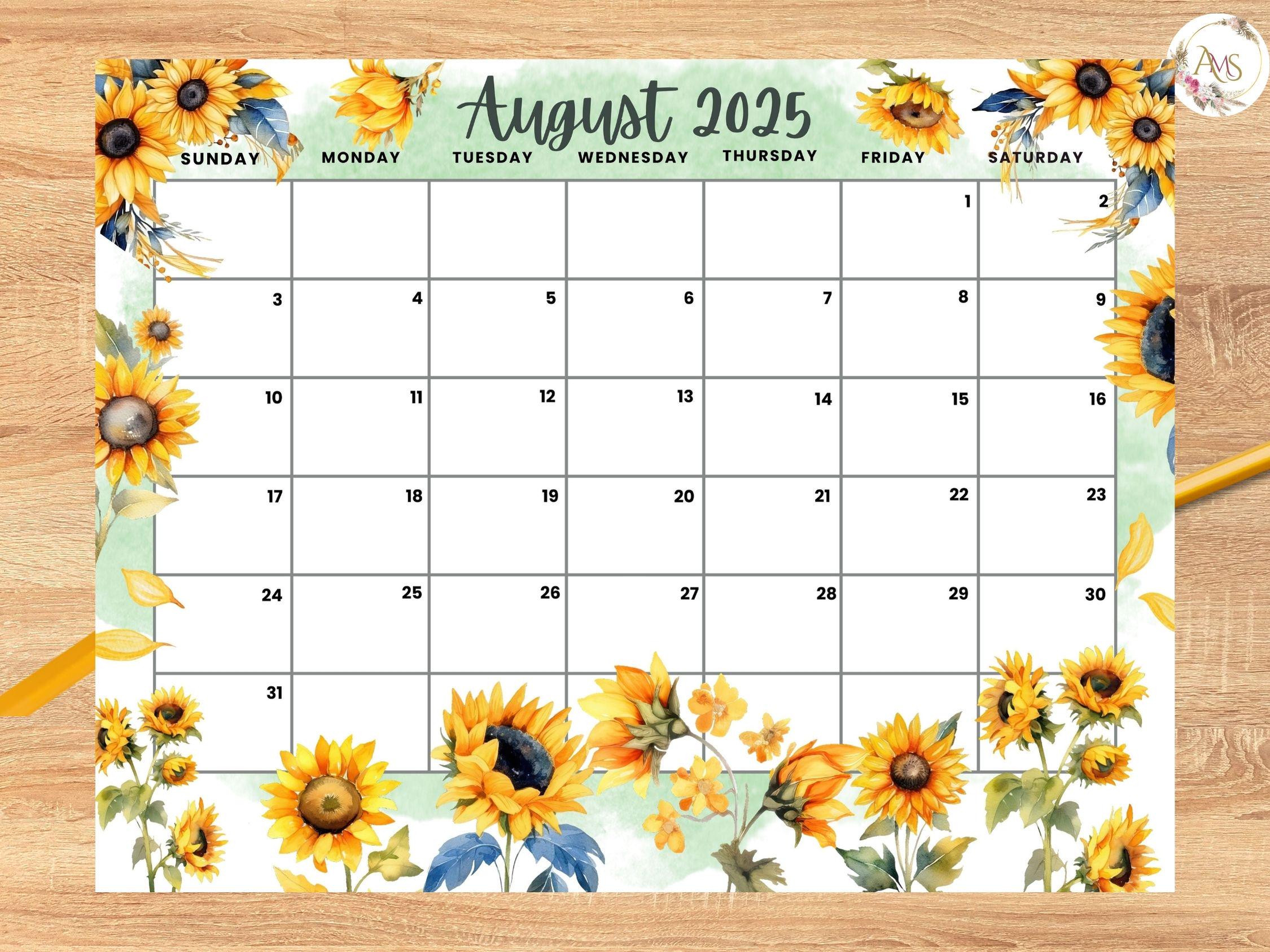 Editable August 2025 Calendar, Beautiful Sunflower Summer planner, Printable Monthly Calendar for Kids School Home Office Work