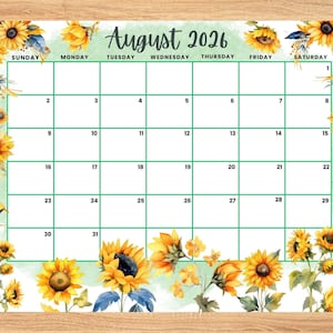 Editable August 2026 Calendar, Beautiful Sunflower Summer planner, Printable Monthly Calendar for Kids School Home Office Work