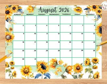 Editable August 2026 Calendar, Beautiful Sunflower Summer planner, Printable Monthly Calendar for Kids School Home Office Work