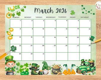 2026年3月記入可能カレンダー、聖パトリックデー記入可能3月プランナー、子供向け月間スケジュール、ホームスクールプランナー、教室プランナー