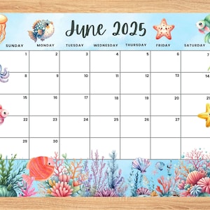 Editable June 2025 Calendar, Cute Summer Planner with Ocean Creatures, Monthly Calendar for Kids School Home Office Work