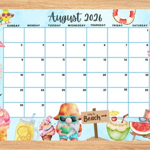 Editable August 2026 Calendar, Cute August Planner with Tropical & Beach Theme, Printable Monthly Calendar for Kids School Home Office Work
