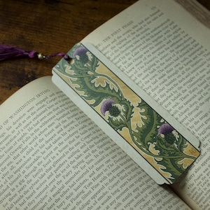 Victorian Thistle Illustration Bookmark, Green, Purple, and Gold with Beaded Tassel