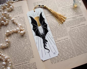 Marcador de dragón solar, lámina blanca, negra y dorada con borla de cuentas