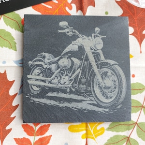 Riding Free motorbike Laser-Engraved Dark Slate Coaster. motorbike, bikes