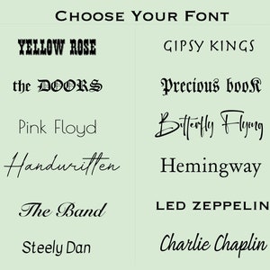 May include: A graphic showing 12 different font styles with the names of popular bands and artists written in each style. The font styles include handwritten, bold, script, and gothic.