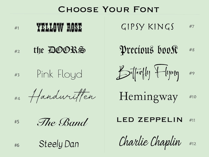 May include: A graphic showing 12 different font styles with the names of popular bands and artists written in each style. The font styles include handwritten, bold, script, and gothic.