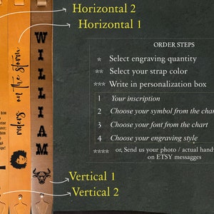 May include: Four leather guitar straps with different engravings. The straps are brown, tan, and black. The engravings include a cross, a person's head, a bull, and the word "WILLIAM". The text "ORDER STEPS" is visible at the top of the image. The text "Select engraving quantity", "Select your strap color", "Write in personalization box", "Your inscription", "Choose your symbol from the chart", "Choose your font from the chart", "Choose your engraving style", and "or, Send us your photo / actual handwriting on ETSY messages" is also visible.