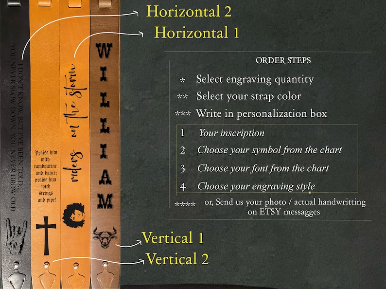 May include: Four leather guitar straps with different engravings. The straps are brown, tan, and black. The engravings include a cross, a person's head, a bull, and the word "WILLIAM". The text "ORDER STEPS" is visible at the top of the image. The text "Select engraving quantity", "Select your strap color", "Write in personalization box", "Your inscription", "Choose your symbol from the chart", "Choose your font from the chart", "Choose your engraving style", and "or, Send us your photo / actual handwriting on ETSY messages" is also visible.
