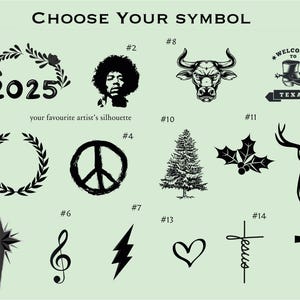 May include: A chart with 15 different symbols to choose from. The symbols include a wreath, a peace sign, a Christmas tree, a holly sprig, a deer, a star, a musical note, a lightning bolt, a heart, a cross, a bull, a boot with the words "Welcome to Texas", and a silhouette of a person with the year 2025.