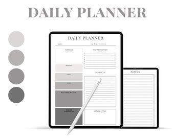 May include: A digital daily planner on a tablet screen with a stylus. The planner includes sections for fitness, top priorities, schedule, my week's goal, today's priorities, and inspiration. There is also a separate notes section on a tablet screen.
