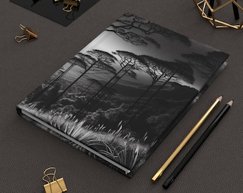 Journal, Black and white Forest with mountains Hardcover Journal, 150 lined pages,