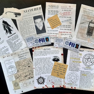 2.º juego de páginas del diario de John Winchester sobrenatural MÁS insertos adicionales, artículo de periódico y dos identificaciones falsas del FBI para el diario de su cazador