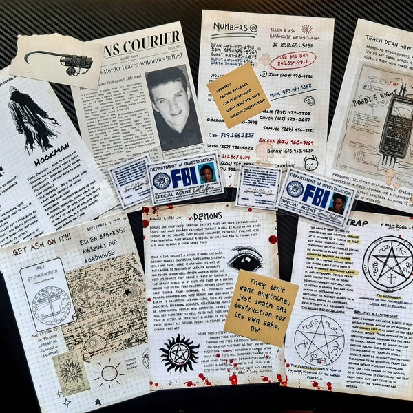 Second Set of Journal Pages PLUS Added Inserts, Newspaper Article, and Two Fake FBI IDs for your Supernatural Style Hunter's Journal