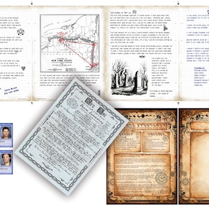 May include: An open book with handwritten text, a map of New York State with a red line, and a document with ornate borders. Two FBI agent ID cards are visible. The theme suggests a mystery or investigation.