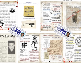 2nd Set of Supernatural John Winchester Journal Pages PLUS Added Inserts, Newspaper Article, and Two Fake FBI IDs for your Hunter&#39;s Journal