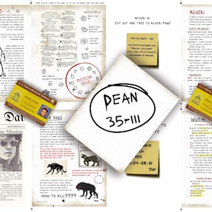 1. Zestaw stron dziennika Supernatural Johna Winchestera PLUS artykuł w gazecie, dodatkowe wkładki i 2 fałszywe dowody osobiste