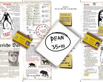 Primer conjunto de páginas del diario de John Winchester sobrenatural MÁS artículo de periódico, insertos adicionales y 2 identificaciones falsas