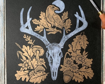 Deer Skull Linocut Art Print: Cabin Decor, Hunter Gift