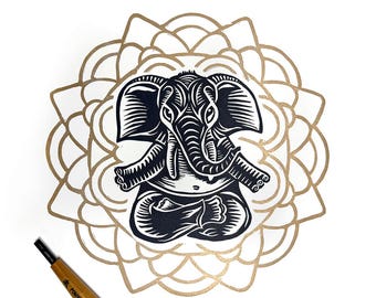 Elephant Yoga Linocut Print | Hand Carved 2-Color Block Print | Gold Mandala Wall Art | Meditation Decor | Spiritual Elephant Art