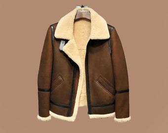 Bruine B3 Bomber RAF Aviator Jacket, Heren Lederen Shearling Schapenvacht Aviator Flight Fur Cockpit Pilot Custom Handgemaakte Jas, Cadeau voor hem