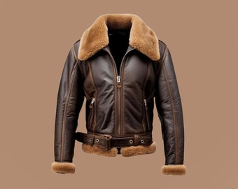 Herren Brown Aviator Bomber B3 Flying Pilot Doppelkragen Shearling Schaffell Lederjacke, Brown Aviator RAF Lederjacke, Geschenk für Ihn