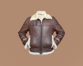 Men's RAF Aviator B3 Bomber Handmade Leather Jacket, Men Brown Real Leather Sheepskin Faux Fur  RAF Leather Jacket, Gift For Him