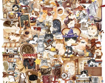 Magic Café Cats Transparent Sticker Pack – 50 PCS for Journals, Scrapbooking & Cozy Crafting