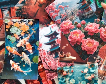 Papieren stickers Aziatische kunst – sakura, koi, lantaarns – dagboek plakboek