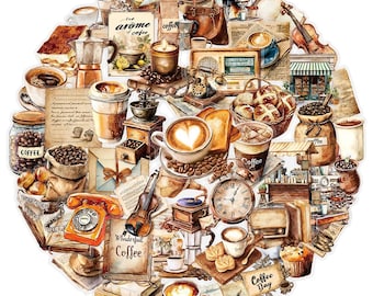 Vintage Coffee & Books Transparent Stickers (50 pcs) | Cozy Cafe Stickers | Journaling  Scrapbooking Supplies