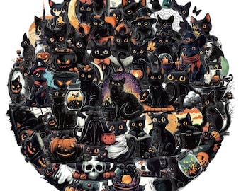 Halloween Black Cat Stickers | Witchy PET Stickers, Scrapbook (50 PCS)