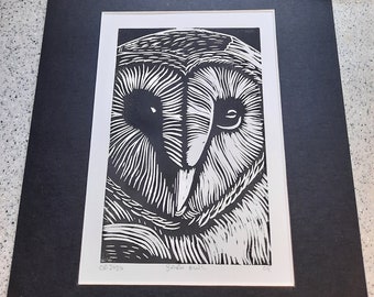 Original Barn Owl Linocut Print: Hand Made Aboard Narrowboat Charlamy and Ready to Frame