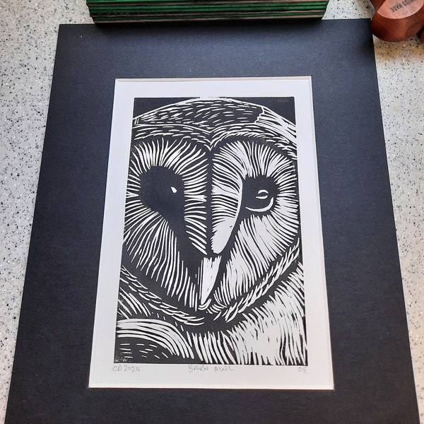 Original Barn Owl Linocut Print: Hand Made Aboard Narrowboat Charlamy and Ready to Frame