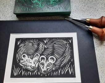 Original Hedgehogs Linocut Print: Hand Made Aboard Narrowboat Charlamy and Ready to Frame