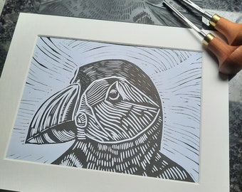 Original Puffin Linocut Print: Hand Made Aboard Narrowboat Charlamy and Ready to Frame