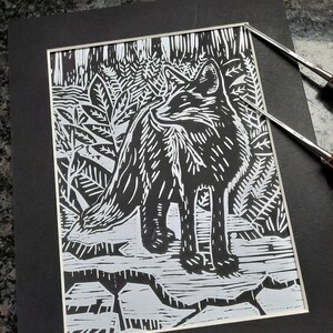 Original Fox Linocut Print : Hand Made Aboard Narrowboat Charlamy and Ready to Frame