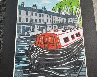 Original 'Cruising on By' Ltd Edition Colour #1/10 Reduction Linocut Print: Hand Made Aboard Narrowboat Charlamy and Ready to Frame