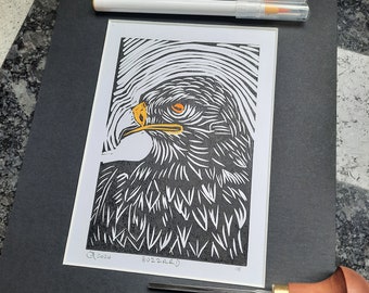 Original Buzzard Hand Coloured Linocut Print: Hand Made Aboard Narrowboat Charlamy and Ready to Frame