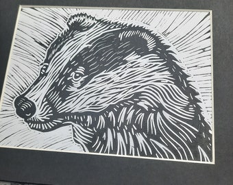 Original Badger Linocut Print: Hand Made Aboard Narrowboat Charlamy and Ready to Frame