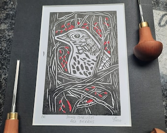 Original Song Thrush Red Berries Hand Coloured Linocut Print: Hand Made Aboard Narrowboat Charlamy and Ready to Frame
